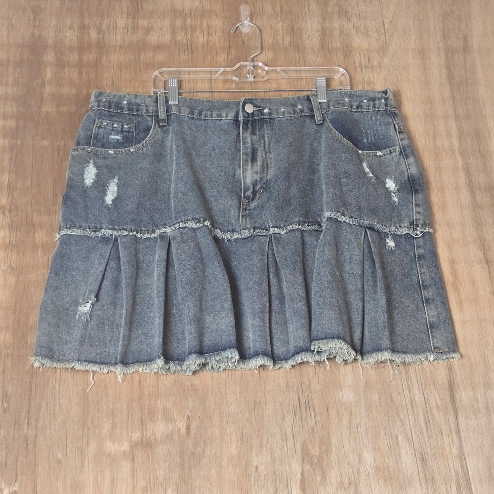 Punk Grunge Emo Distressed Pleated Denim Mini Skirt Medium Wash 4XL Streetwear